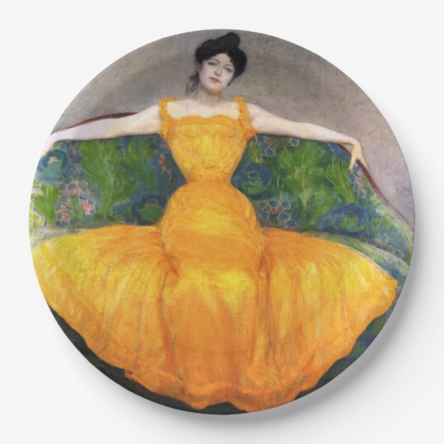 Prato De Papel Mulher em vestido amarelo (por Max Kurzweil) (Frente)