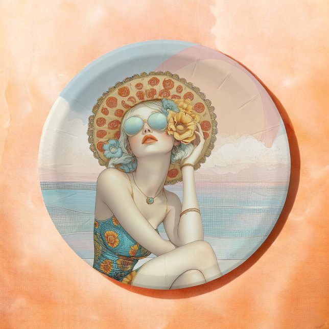 Prato De Papel Mulher Glamourosa da Praia Retro com Óculos de Sol (Criador carregado)