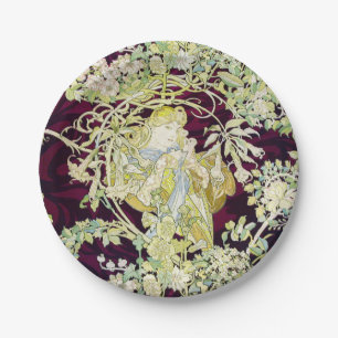 Prato De Papel Mulher Mucha com Daisy, Vintage Art Nouveau