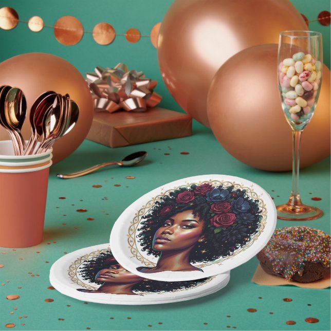 Prato De Papel Mulher Negra Floral Afro Escuro (Múltiplo)