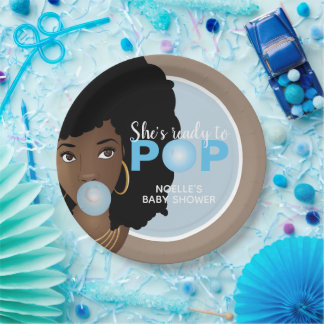 Prato De Papel Mulher negra, pronta para Pop, Bublegum, azul