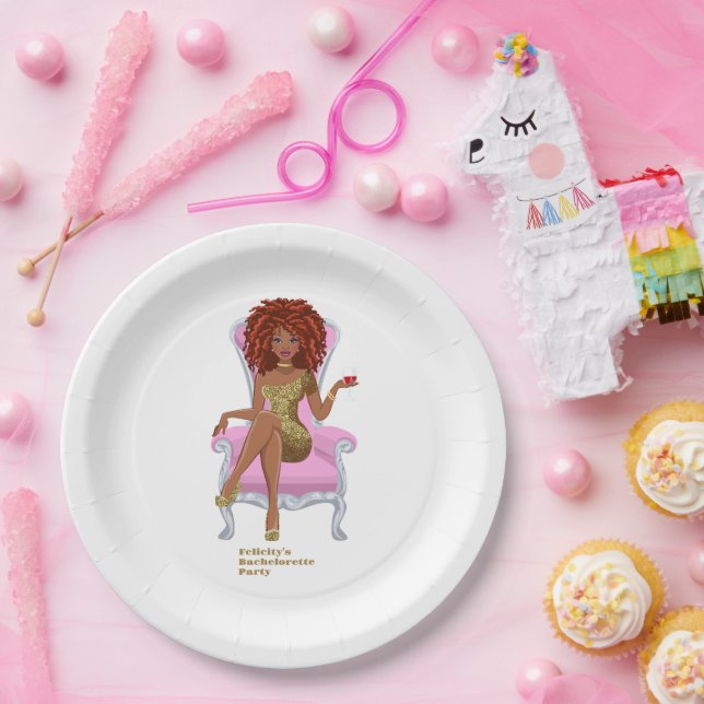 Prato De Papel Mulher Negra rosa e Dourada (Festa)