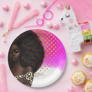 Prato De Papel Mulher Negra rosa e Dourada