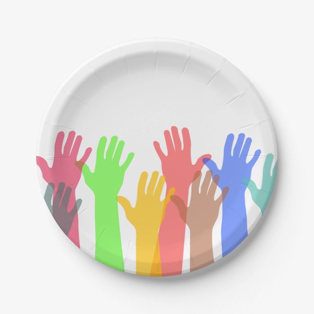 Prato De Papel Multidão de Mãos Coloridas no Ar (Frente)