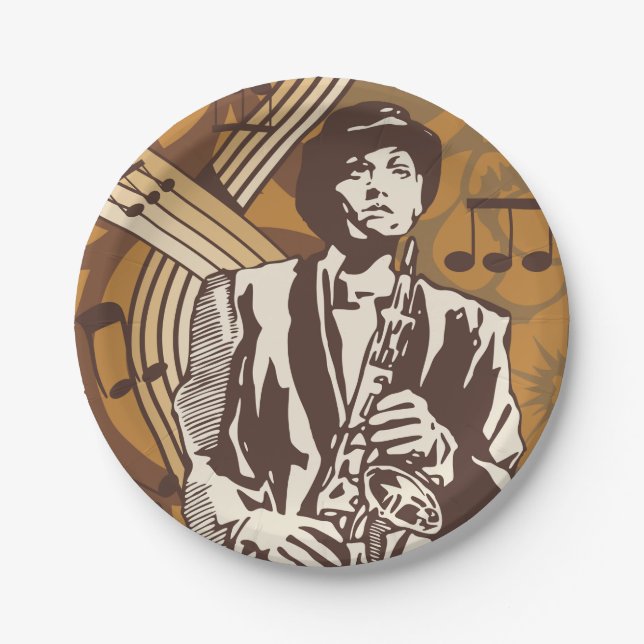Prato De Papel Músico de Jazz com Saxofone (Frente)