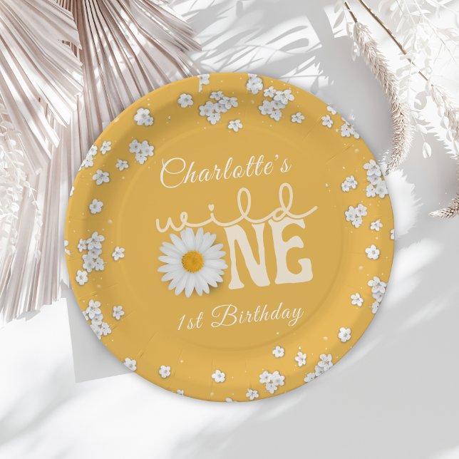 Prato De Papel Mustard Daisy Wild One 1st Birthday Paper Plate (Criador carregado)