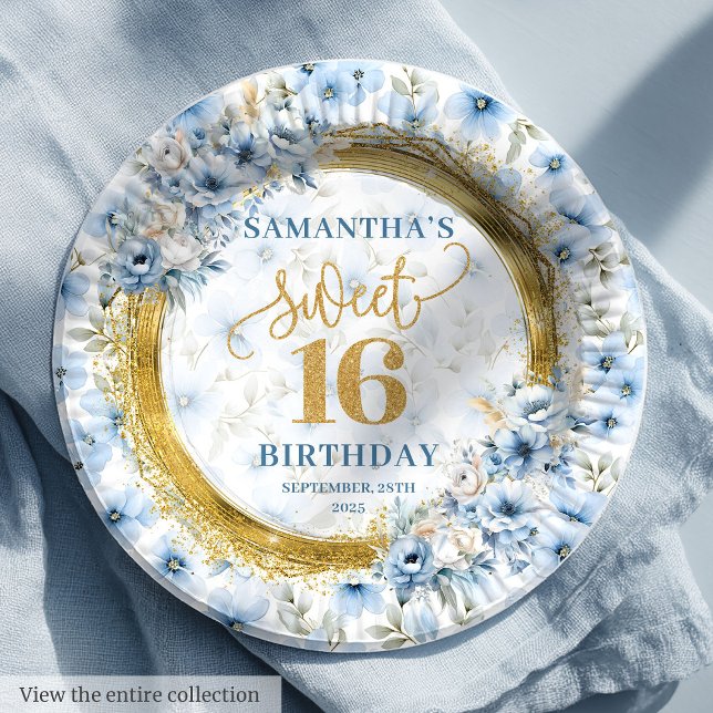 Prato De Papel Na moda Azul Claro Doce 16 Festa Dourada de Litera (Stylish Light Blue Sweet 16 Gold Glitter Party Paper Plates)