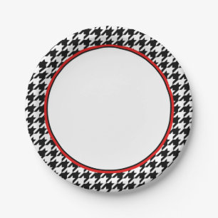 Prato De Papel Na moda Black Houndstooth com Red  Placas de papel