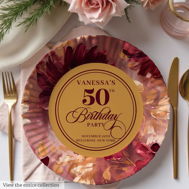 Prato De Papel Na moda Boho Merlot Blush Dourado 50º Aniversário (Stylish Boho Merlot Blush Gold 50th Birthday Paper Plates)