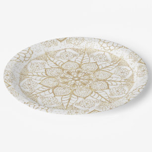 Prato De Papel Na moda Boho White Dourado Mandala Floral