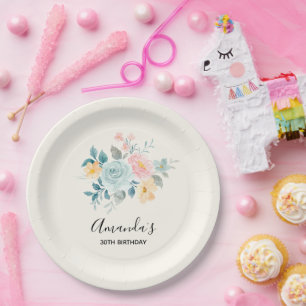 Prato De Papel Na moda cor-de-rosa e Buquê azul-flor Aniversário