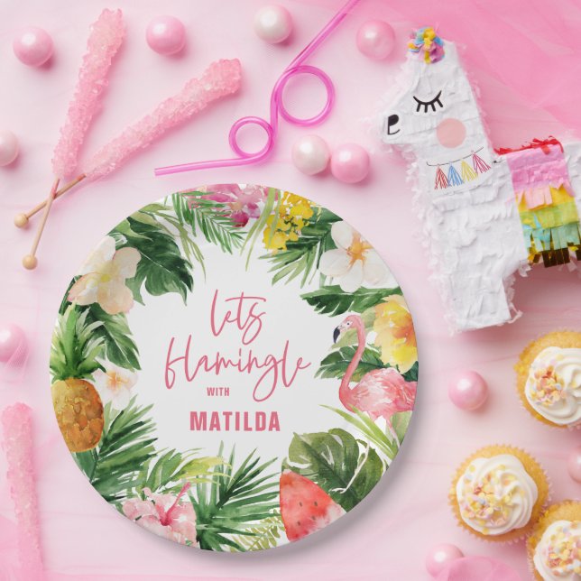 Prato De Papel na moda de flamingo, amarelo-rosa, tropical (Festa)