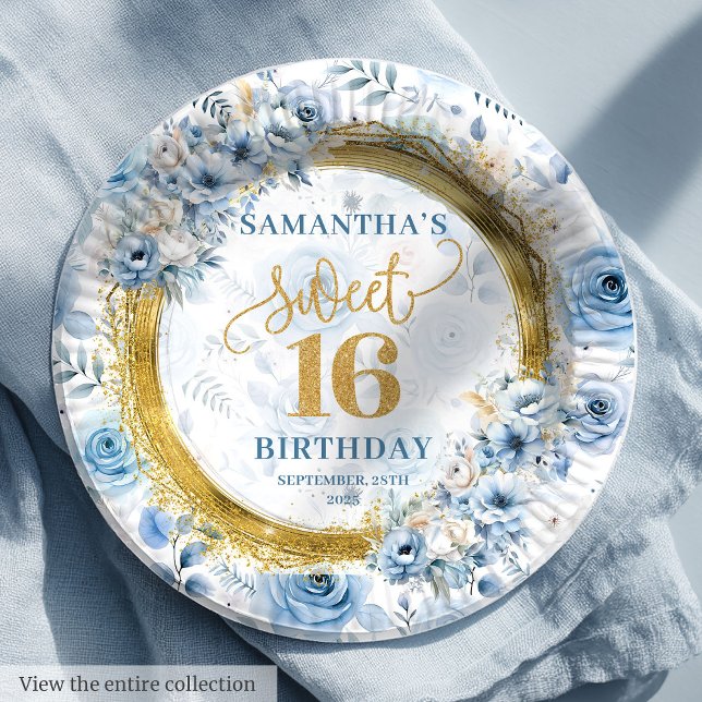 Prato De Papel Na moda Doce 16 Placas Luminosas Douradas Pastel A (Stylish Sweet 16 Pastel Blue Gold Glitter Plates

)