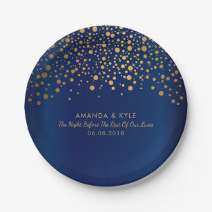 Prato De Papel Na moda Dourado Pontos de Confetti no Design Azul 