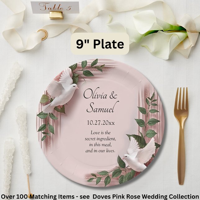 Prato De Papel Names Date Message Pink Roses & Doves Wedding 9" (Criador carregado)