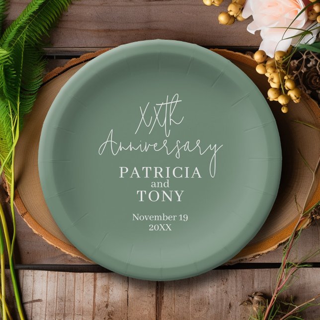 Prato De Papel Namorado Personalizado Sage Green Modern (Personalized Wedding Anniversary Party Plates)