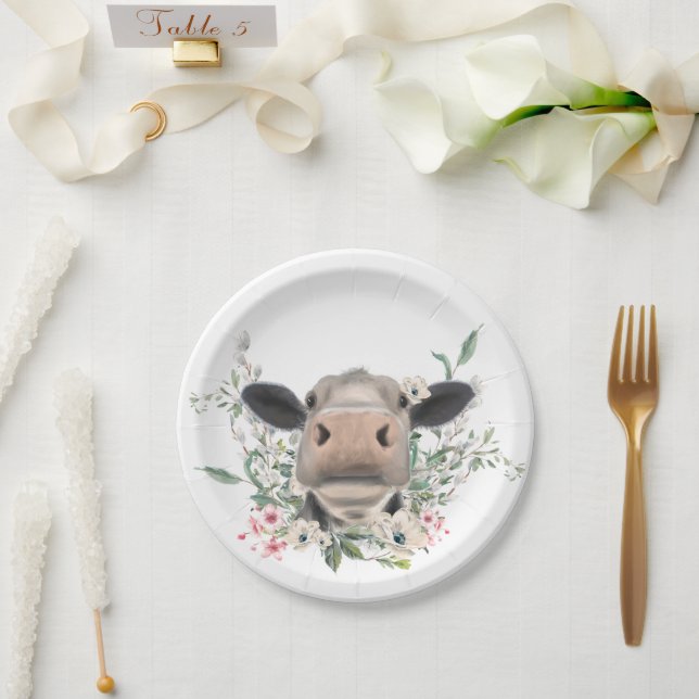 Prato De Papel nariz de vaca beijo flores aquarela cinza animal f (Casamento)