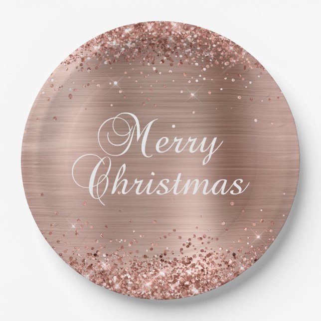 Prato De Papel Natal Alegre com Brilho em Dourado Rosa (Frente)