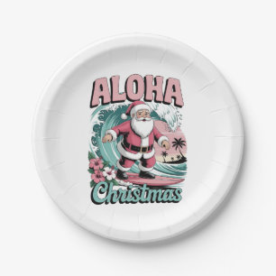 Prato De Papel Natal Aloha Havaí Papai Noel Surfando Tropical