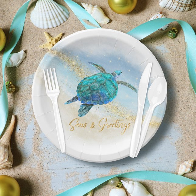Prato De Papel Natal Beach Sea Turtle Seas e Saudações (Criador carregado)