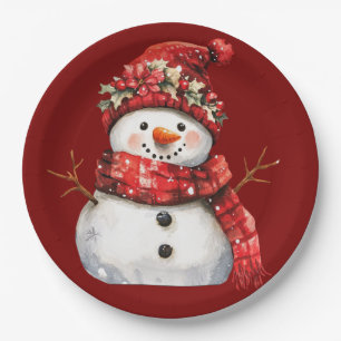 Prato De Papel Natal Boneco de Neve Vermelho Fofo 