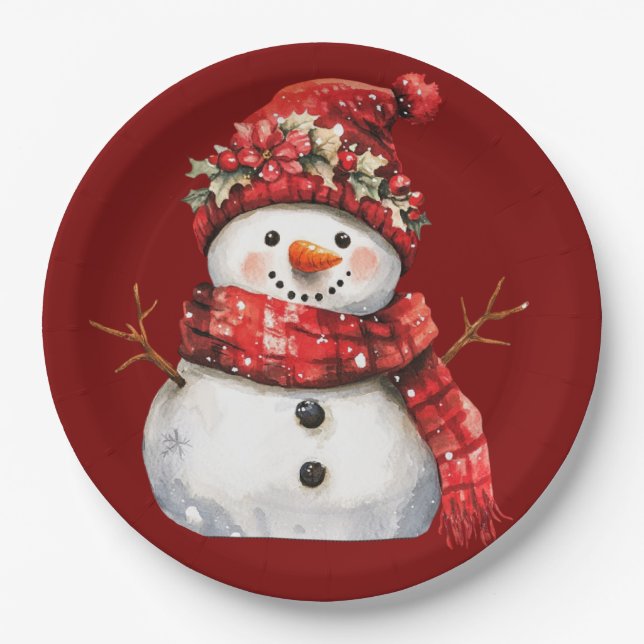 Prato De Papel Natal Boneco de Neve Vermelho Fofo  (Frente)