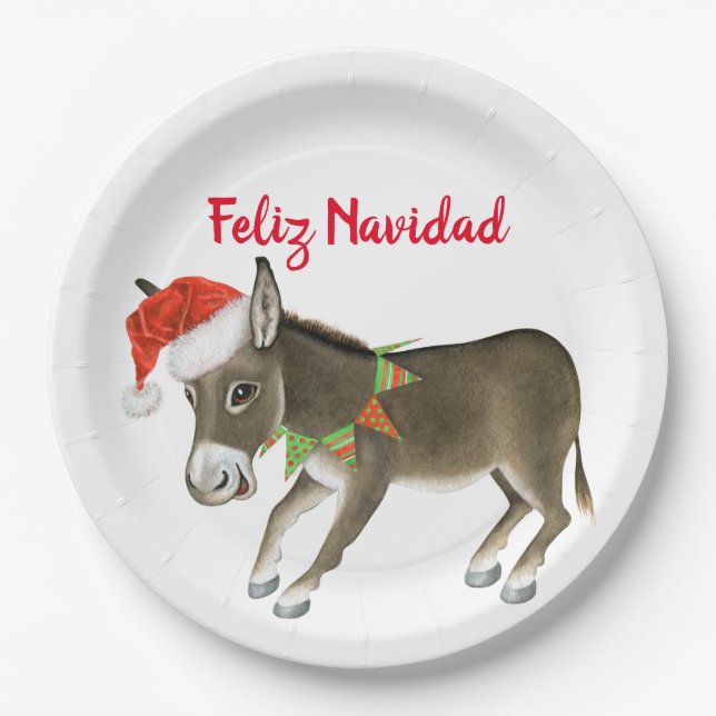 Prato De Papel Natal Burro Feliz Navidad Personalizável (Frente)