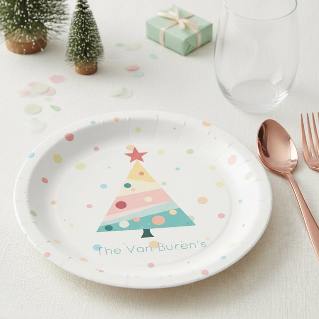 Prato De Papel Natal da Bolinhas do Pastel Whimsical (Personalized Pastel color polka dot Christmas tree paper plate)