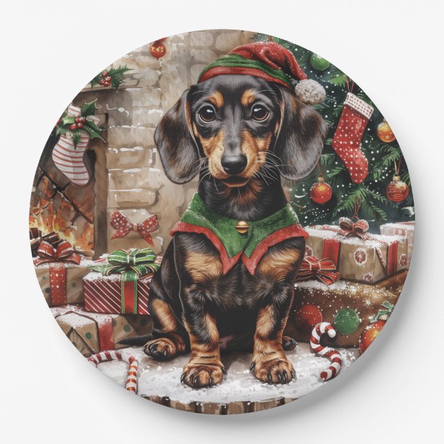 Prato De Papel Natal Dachshund Dogs Elf (Frente)