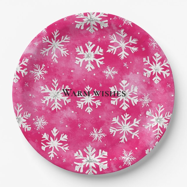 Prato De Papel Natal de Glam Snowflakes Rosa (Frente)