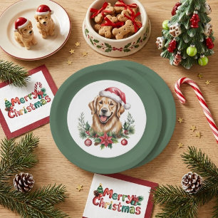 Prato De Papel Natal do Cute Golden Retriever