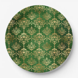 Prato De Papel Natal do padrão Dourado Glam Green