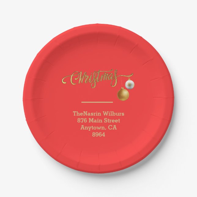 Prato De Papel Natal Dourado no Rótulo de Natal Vermelho (Frente)