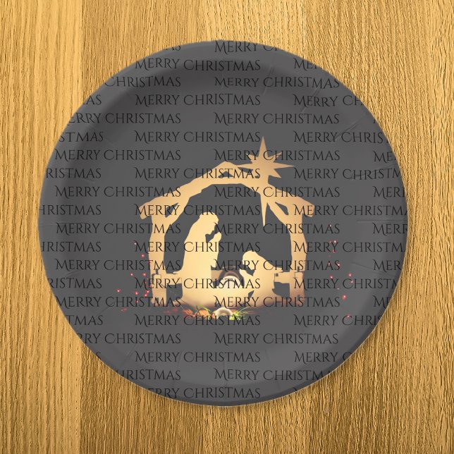Prato De Papel Natal Elegante de Prata Negra Feliz (Elegant Black Gold Nativity Merry Christmas Paper Plates)