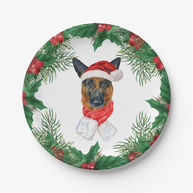 Prato De Papel Natal em Aquarela com Cachorro Pastor Alemão Fofo (Frente)