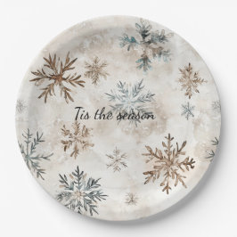 Prato De Papel Natal Flocos de Neve Azul Marrom Creme