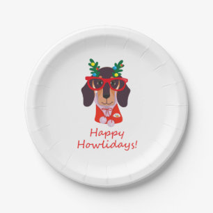 Prato De Papel Natal Fofo Cachorro Engraçado Dachshund Howlidays 