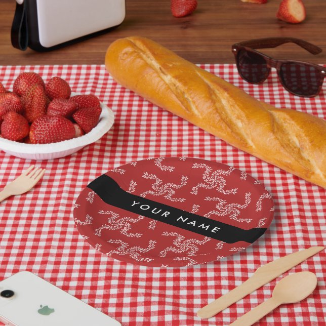 Prato De Papel Natal Garland, Red, Seu nome, Personalize (Piquenique)