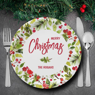 Prato De Papel Natal Greenery Berries Feriado