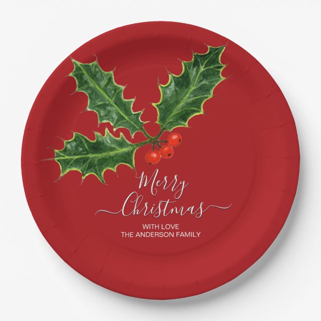 Prato De Papel Natal Holly e bagas (Frente)