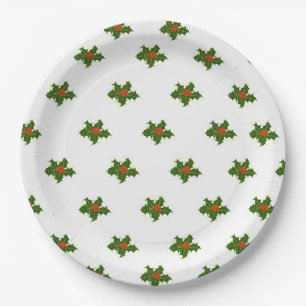Prato De Papel Natal Holly Pattern Red Berries Folhas Verdes
