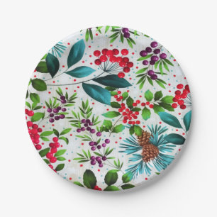 Prato De Papel Natal Madeira de inverno Holly Berry Pinecones