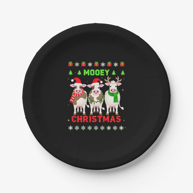 Prato De Papel Natal Mooey Vaca Natal Suéter Feio Pijama  (Frente)