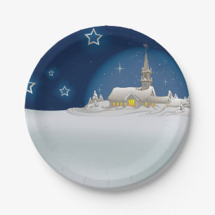 Prato De Papel Natal Nevado Igreja Noite Estrelada