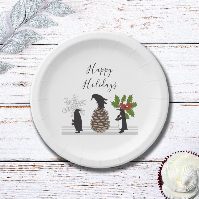 Prato De Papel Natal Personalizado de Pinguins Engraçados (Criador carregado)