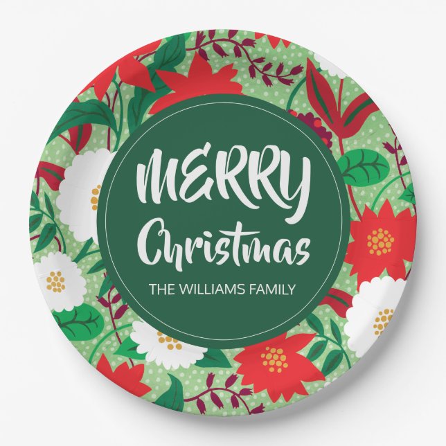 Prato De Papel Natal Poinsettia Red White Floral Monograma (Frente)