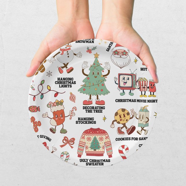 Prato De Papel Natal Retrô Nostálgico Verde e Vermelho (Criador carregado)