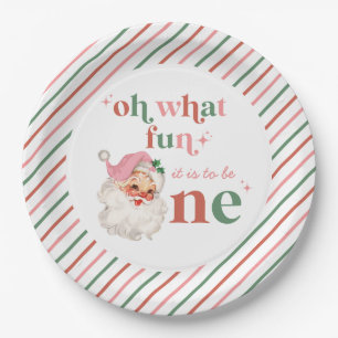 Prato De Papel Natal retrô rosa Papai Noel Primeiro Aniversário