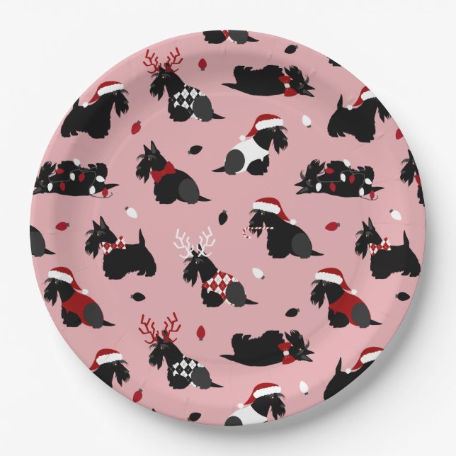 Prato De Papel Natal Scottish Terrier Pink (Frente)
