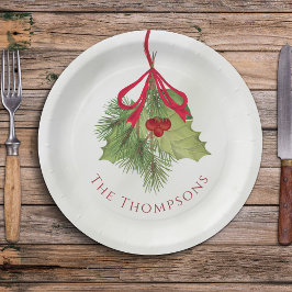 Prato De Papel Natal Watercolor Greenery Holiday Holly Berry